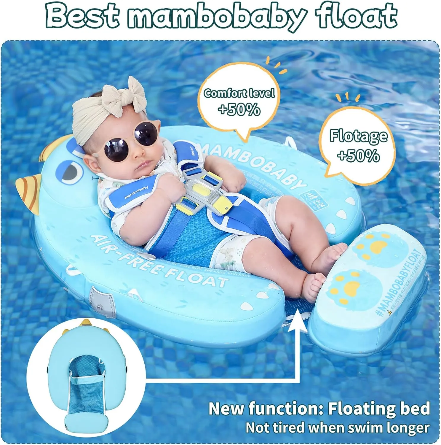 Mambobaby Float with Canopy Size Improved Non Inflatable Infant Baby Pool Float Smart Mambo Float Swim Trainer Add Tail Baby Swim Float Mambo Baby Float Solid Air Free Water Waist Swimming Ring