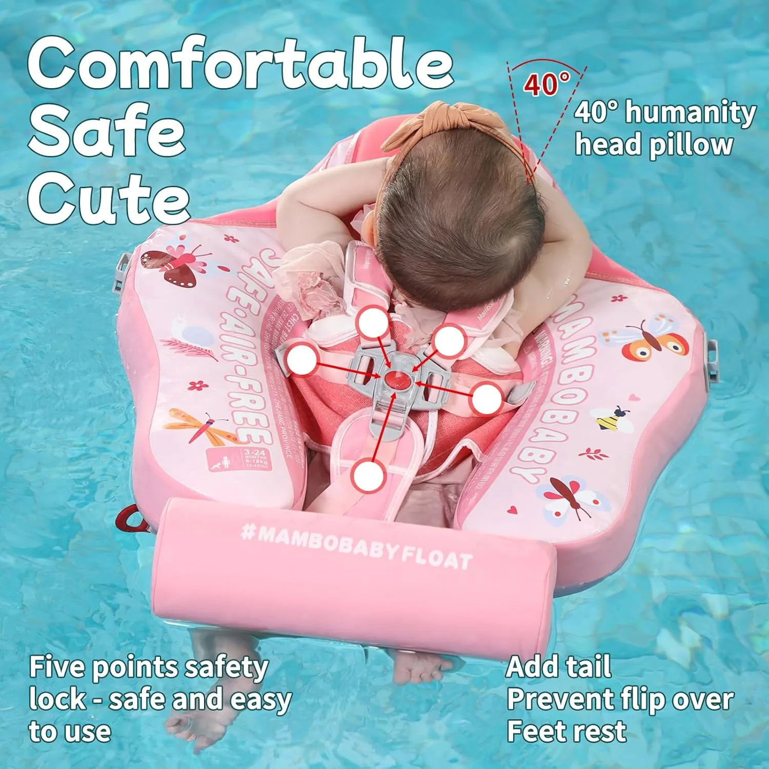 Mambobaby Float with Canopy Size Improved Non Inflatable Infant Baby Pool Float Smart Mambo Float Swim Trainer Add Tail Baby Swim Float Mambo Baby Float Solid Air Free Water Waist Swimming Ring
