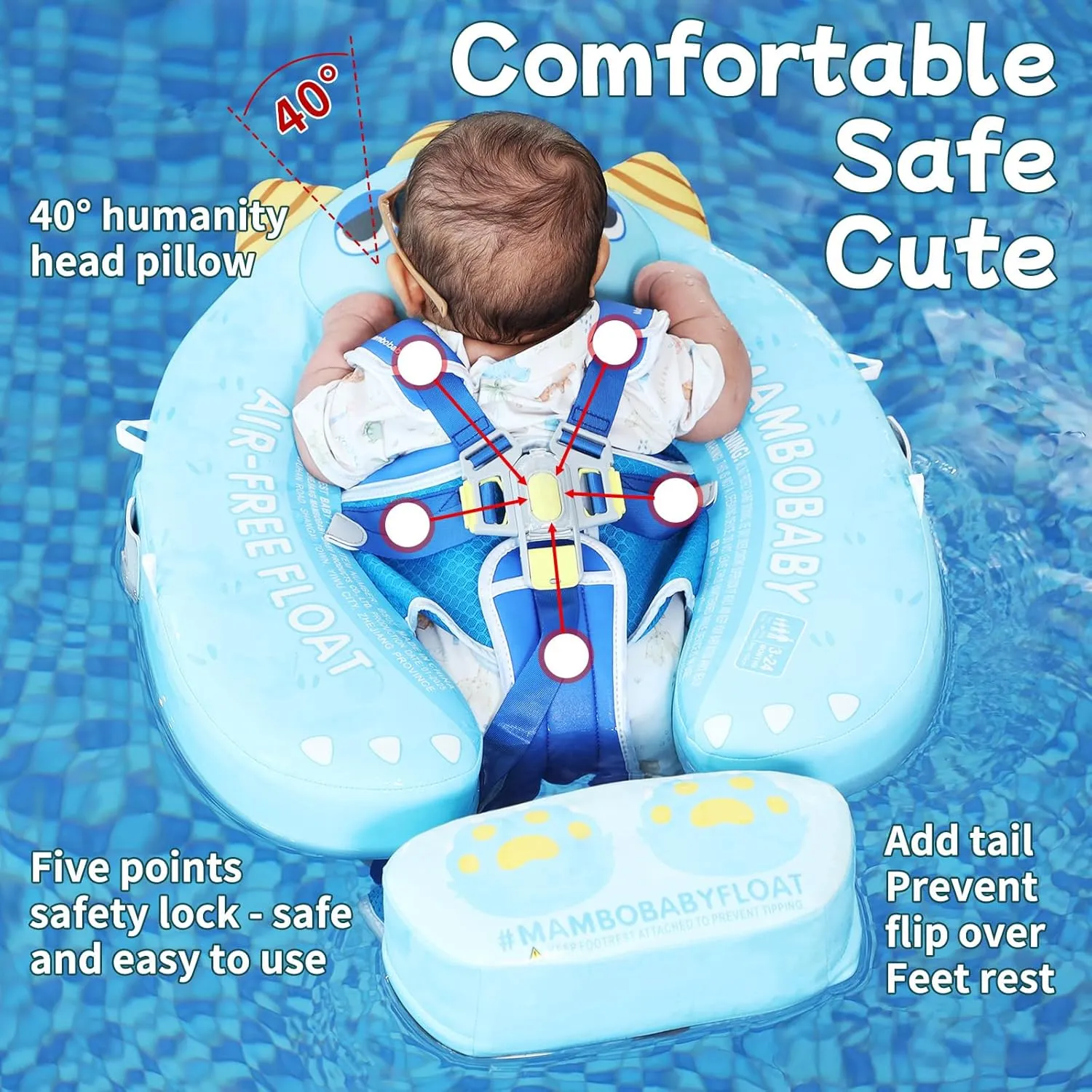 Mambobaby Float with Canopy Size Improved Non Inflatable Infant Baby Pool Float Smart Mambo Float Swim Trainer Add Tail Baby Swim Float Mambo Baby Float Solid Air Free Water Waist Swimming Ring