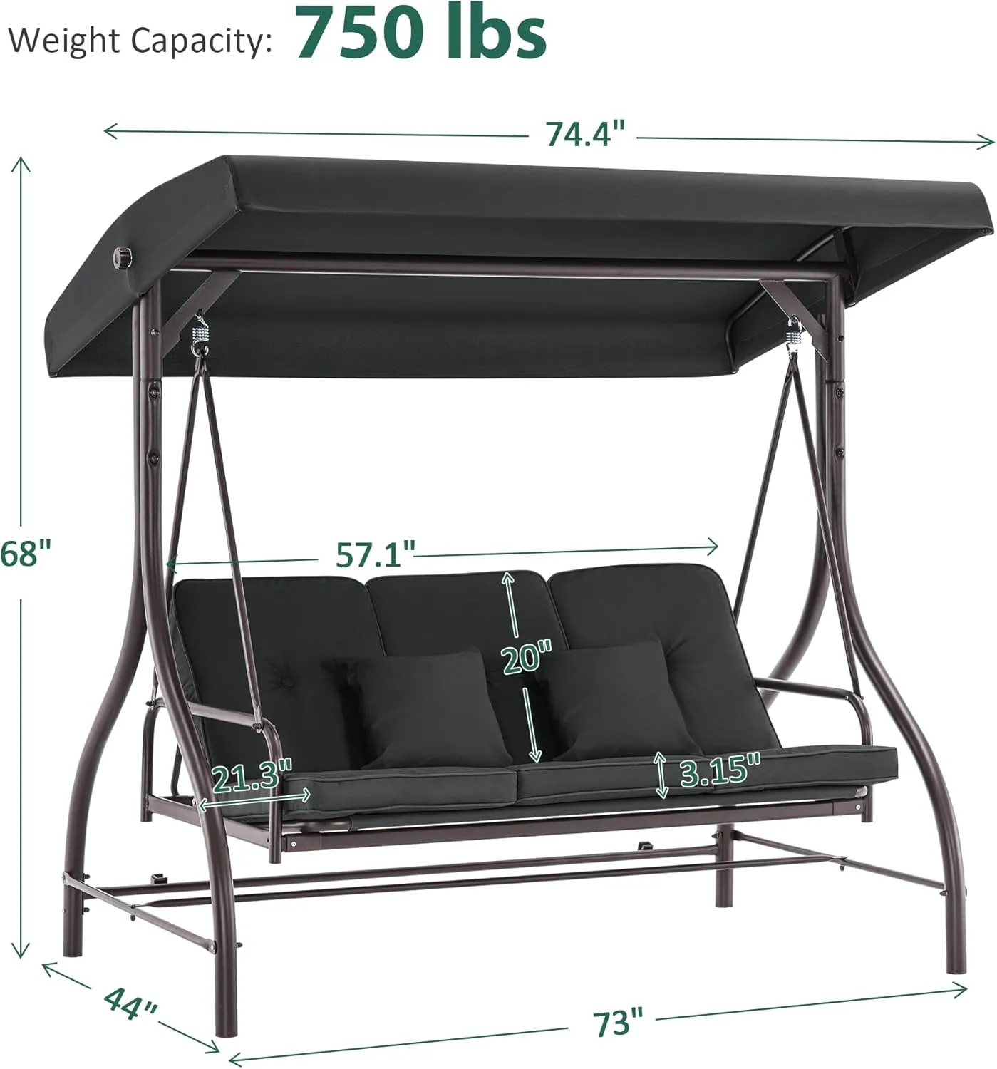 MCombo 3-Seat Outdoor Patio Swing Chair, 2-in-1 Convertible Porch Swing Glider Chair with Removable Cushions, Adjustable Canopy & Pillows for Backyard, Deck, Garden, 4068 (Black)