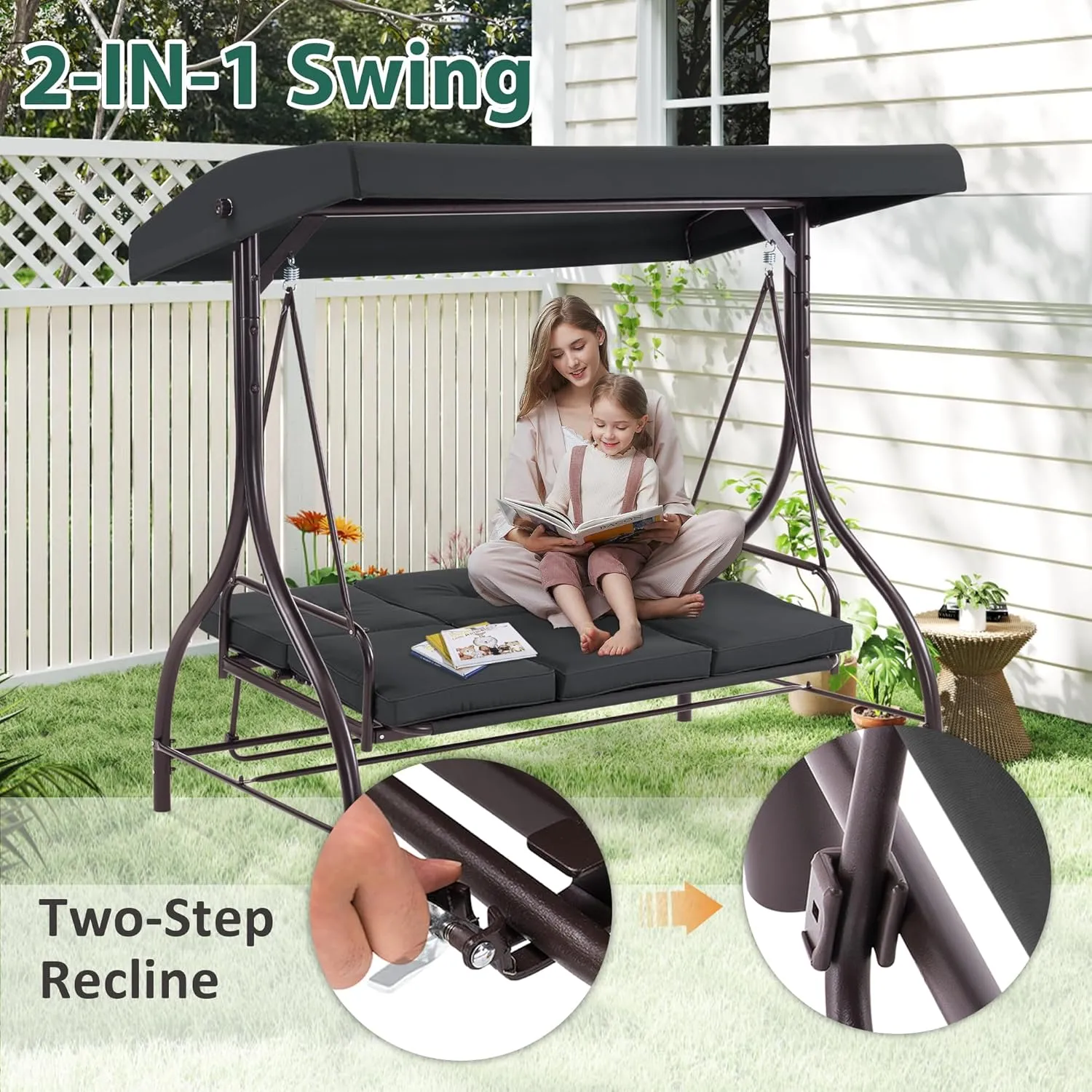 MCombo 3-Seat Outdoor Patio Swing Chair, 2-in-1 Convertible Porch Swing Glider Chair with Removable Cushions, Adjustable Canopy & Pillows for Backyard, Deck, Garden, 4068 (Black)