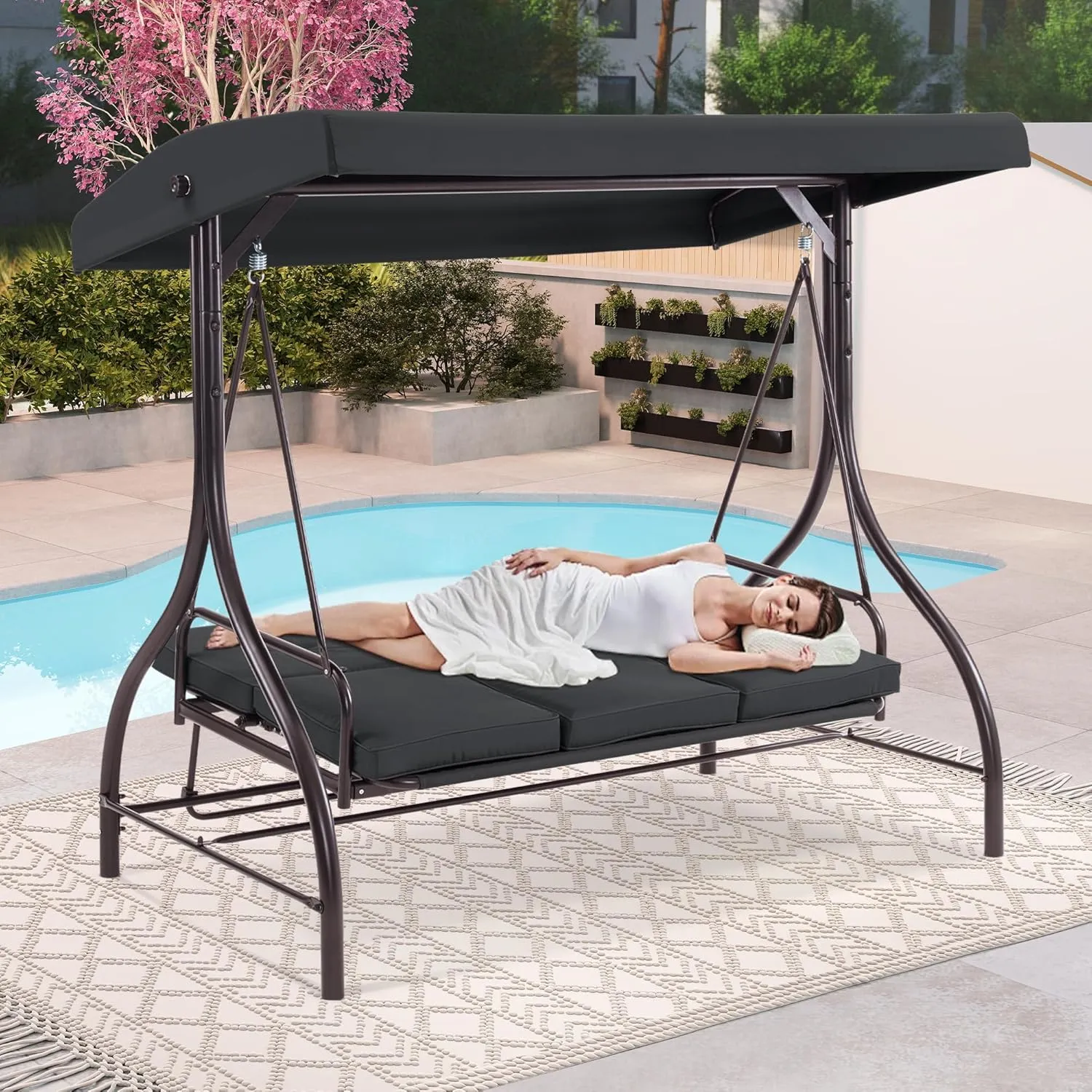 MCombo 3-Seat Outdoor Patio Swing Chair, 2-in-1 Convertible Porch Swing Glider Chair with Removable Cushions, Adjustable Canopy & Pillows for Backyard, Deck, Garden, 4068 (Black)