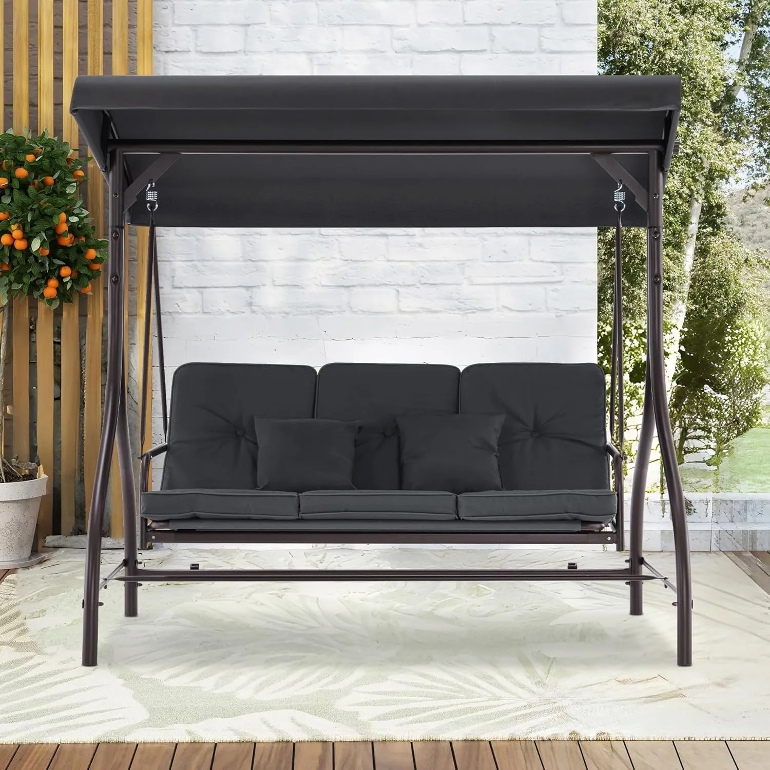 MCombo 3-Seat Outdoor Patio Swing Chair, 2-in-1 Convertible Porch Swing Glider Chair with Removable Cushions, Adjustable Canopy & Pillows for Backyard, Deck, Garden, 4068 (Black)