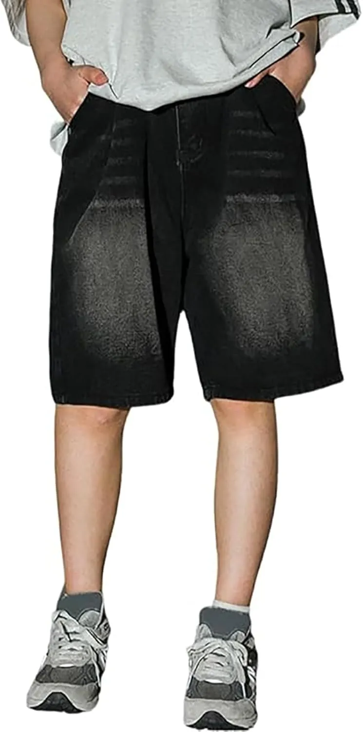 Men Loose Hip Hop Cropped Jean Shorts Work Denim Shorts with Pockets Casual Summer Streetwear Clothes