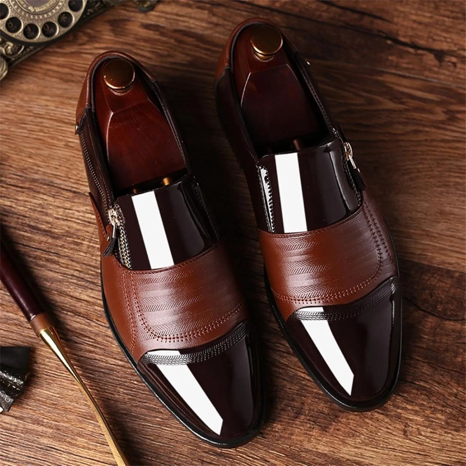 Men Shoes Boots Leather Classical Style Men's Breathable Hollow Business Casual Pointed Shoes Combers (Brown, 11.5)