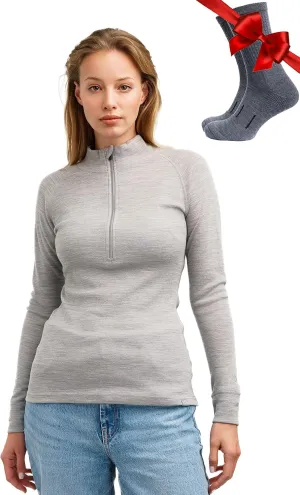 Merino Wool Base Layer Women - 100% Merino Half Zip Sweater Women Lite, Midweight, Heavyweight Thermal Shirts and Socks
