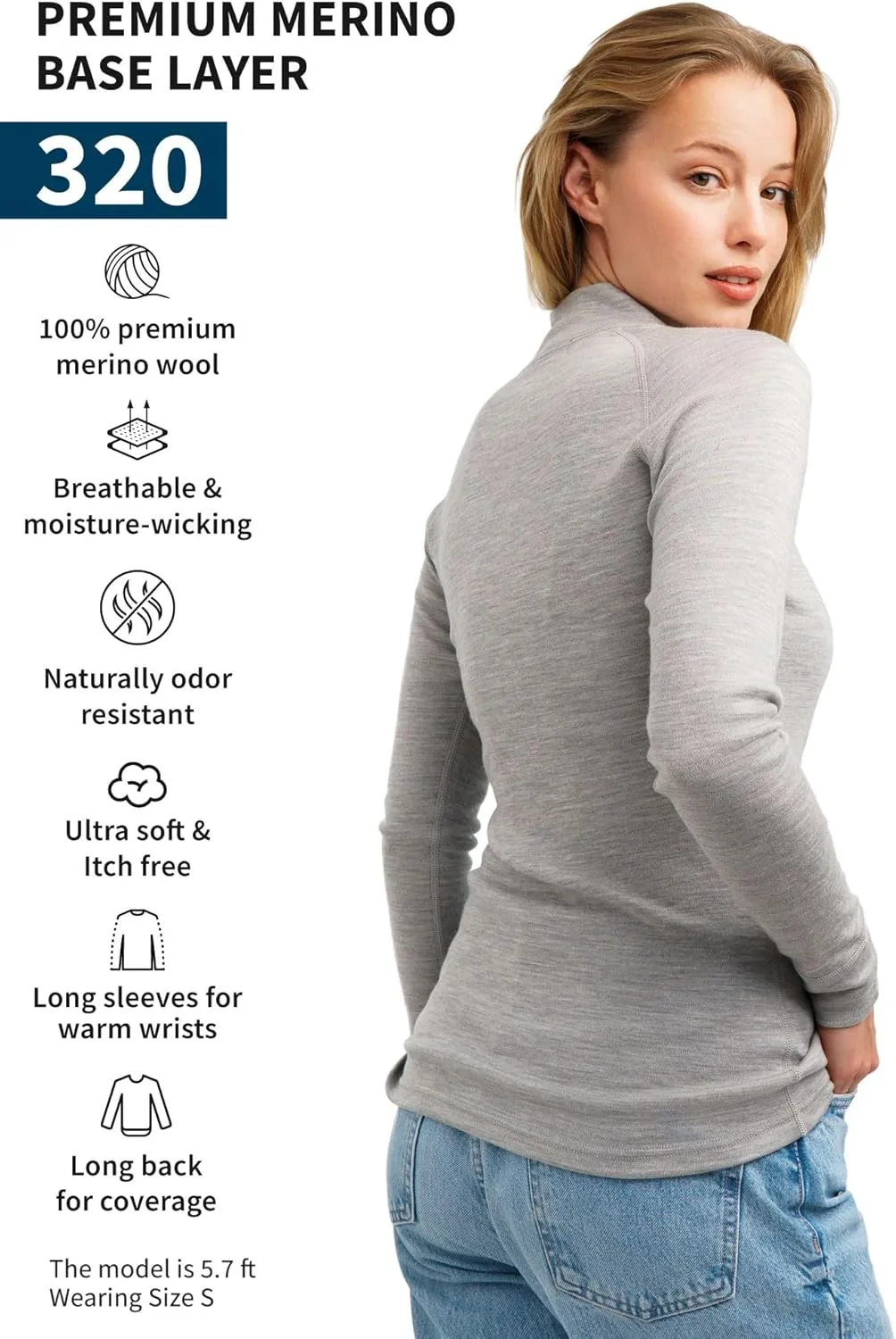 Merino Wool Base Layer Women - 100% Merino Half Zip Sweater Women Lite, Midweight, Heavyweight Thermal Shirts and Socks