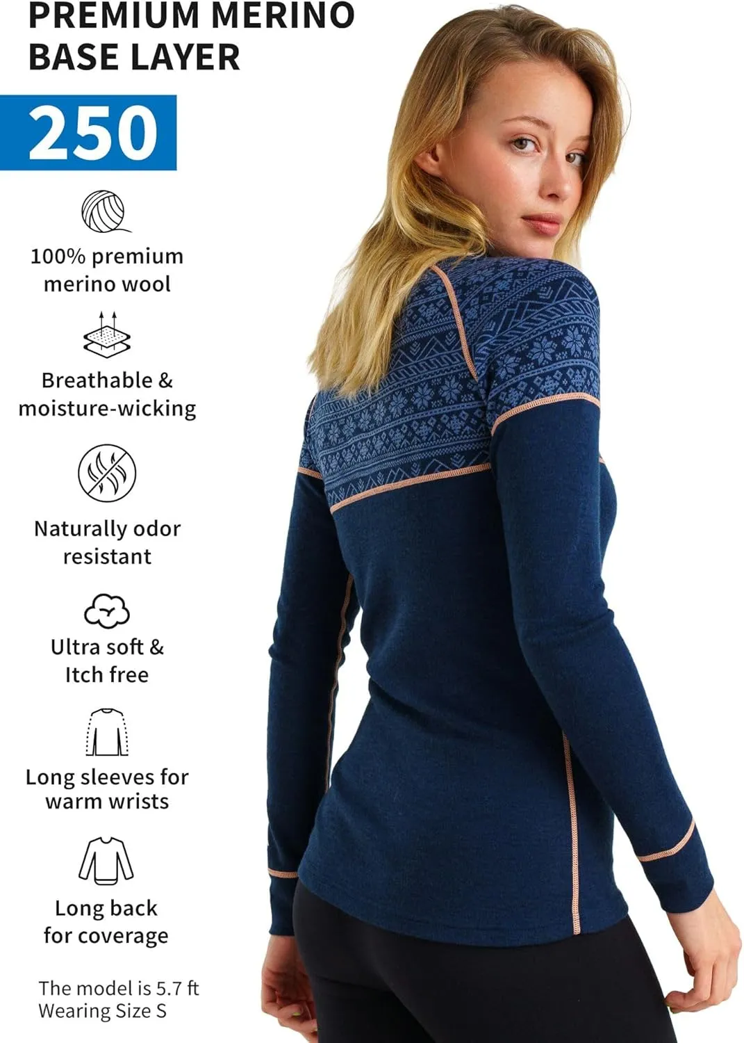 Merino Wool Base Layer Women - 100% Merino Half Zip Sweater Women Lite, Midweight, Heavyweight Thermal Shirts and Socks