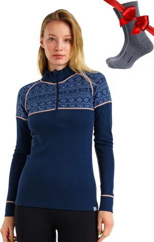 Merino Wool Base Layer Women - 100% Merino Half Zip Sweater Women Lite, Midweight, Heavyweight Thermal Shirts and Socks