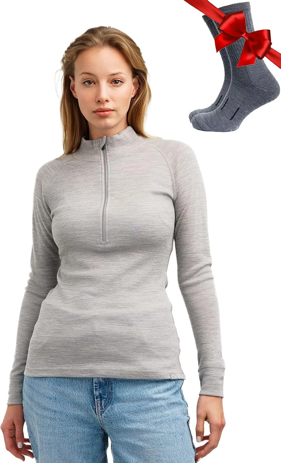 Merino Wool Base Layer Women - 100% Merino Half Zip Sweater Women Lite, Midweight, Heavyweight Thermal Shirts and Socks