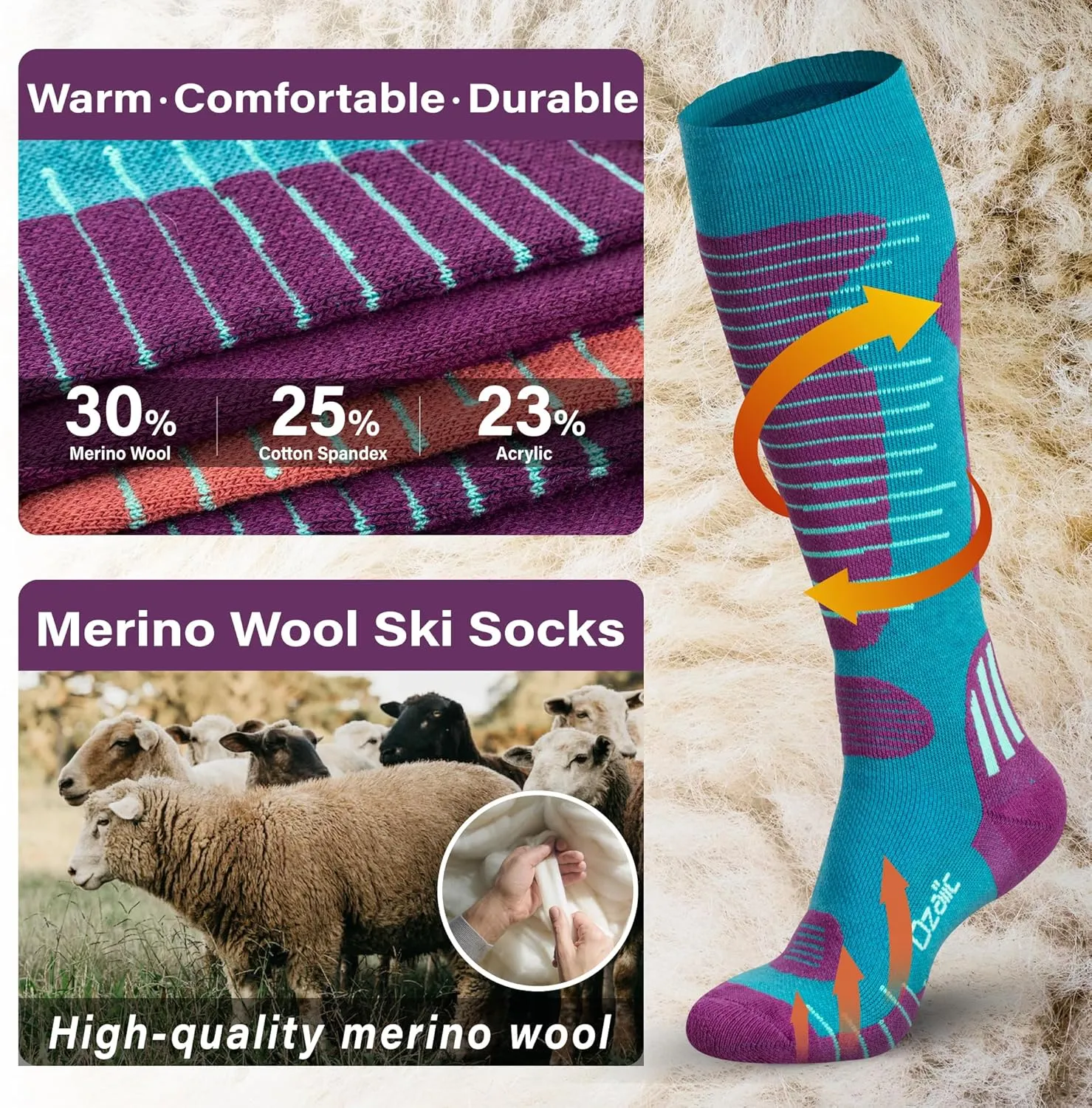 Merino Wool Ski Socks Mens Womens 2 Pairs for Skiing, Snowboarding, Thermal Knee High Winter Warm Sports Performance Socks