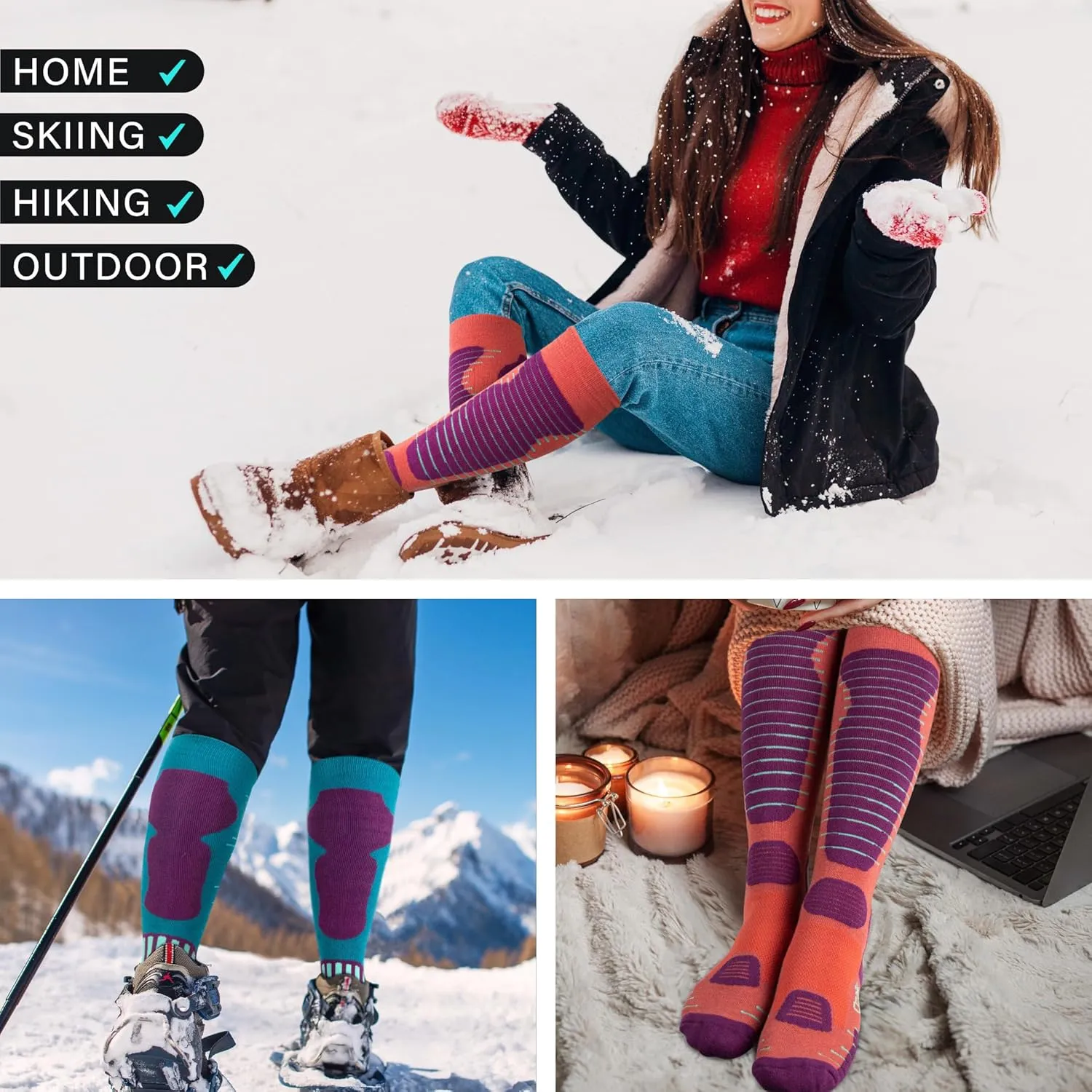 Merino Wool Ski Socks Mens Womens 2 Pairs for Skiing, Snowboarding, Thermal Knee High Winter Warm Sports Performance Socks