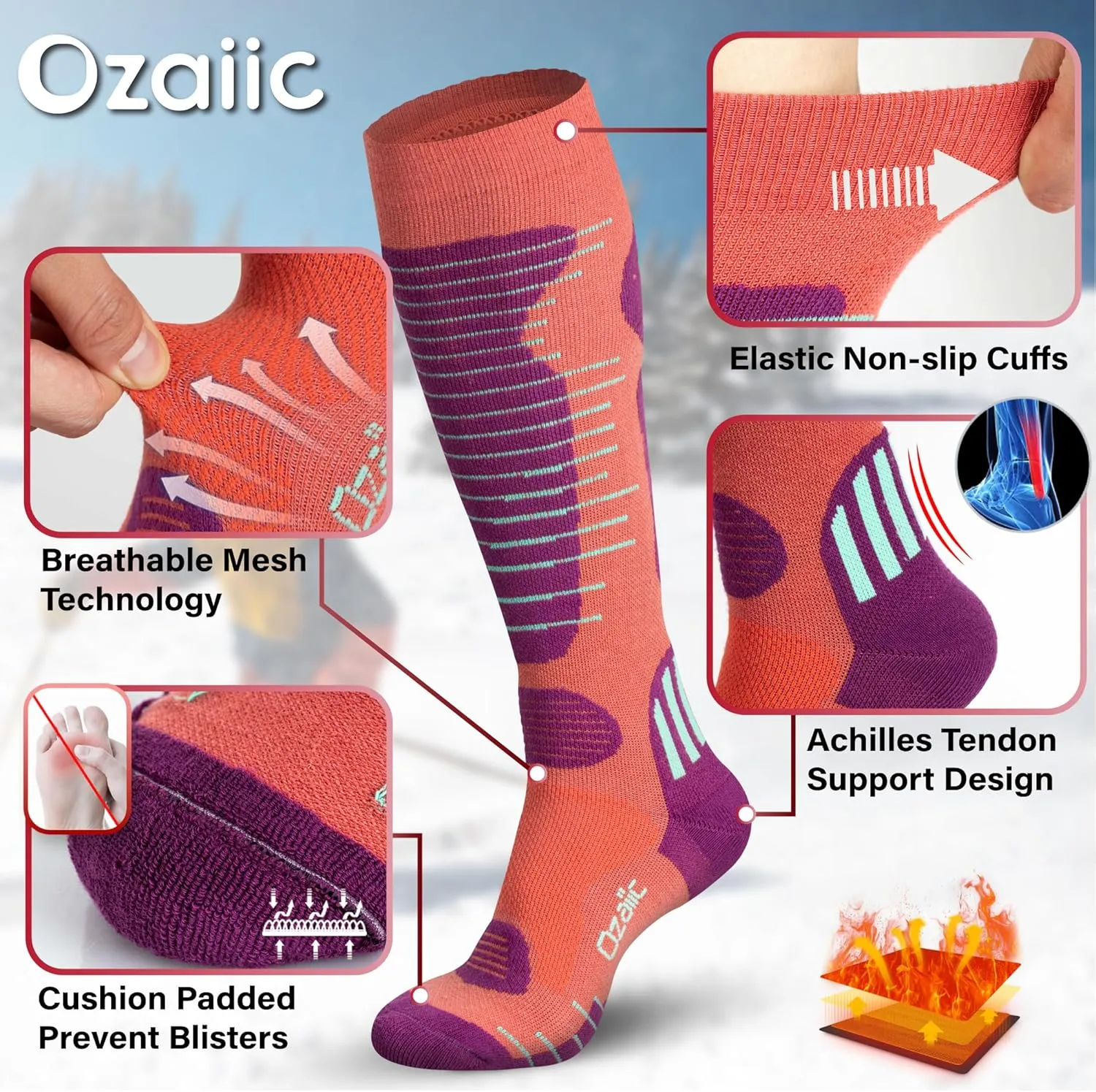 Merino Wool Ski Socks Mens Womens 2 Pairs for Skiing, Snowboarding, Thermal Knee High Winter Warm Sports Performance Socks