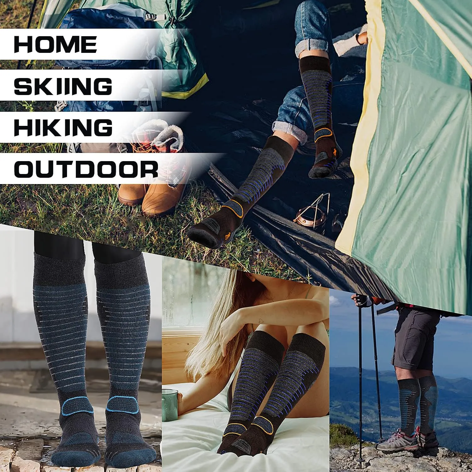 Merino Wool Ski Socks Mens Womens 2 Pairs for Skiing, Snowboarding, Thermal Knee High Winter Warm Sports Performance Socks