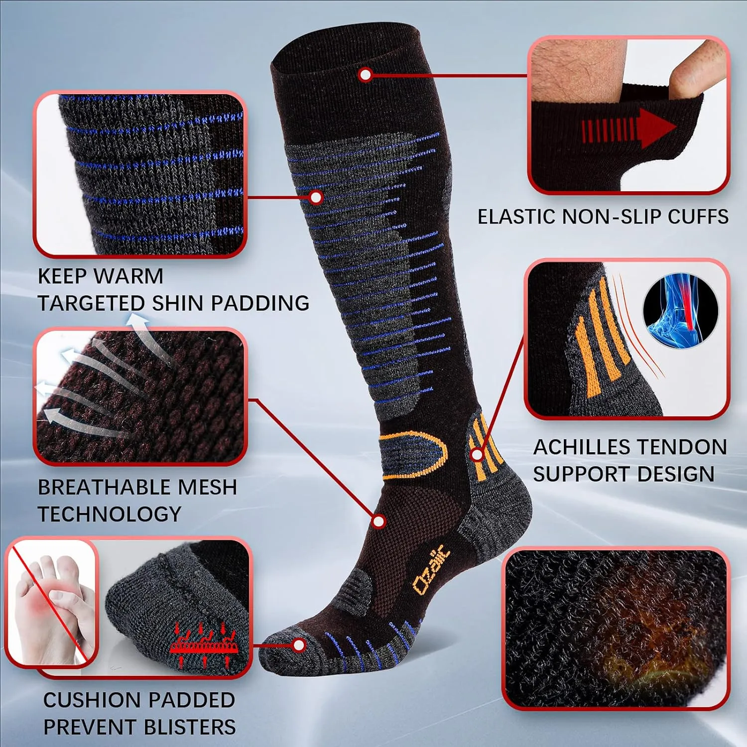Merino Wool Ski Socks Mens Womens 2 Pairs for Skiing, Snowboarding, Thermal Knee High Winter Warm Sports Performance Socks