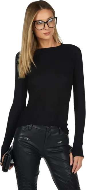 Michael Lauren Alick Core Fitted Tee, Long Sleeve Shirt for Women, Soft Rib Knit Fabric, Stretch Fit Tee, Made in LA (Black)
