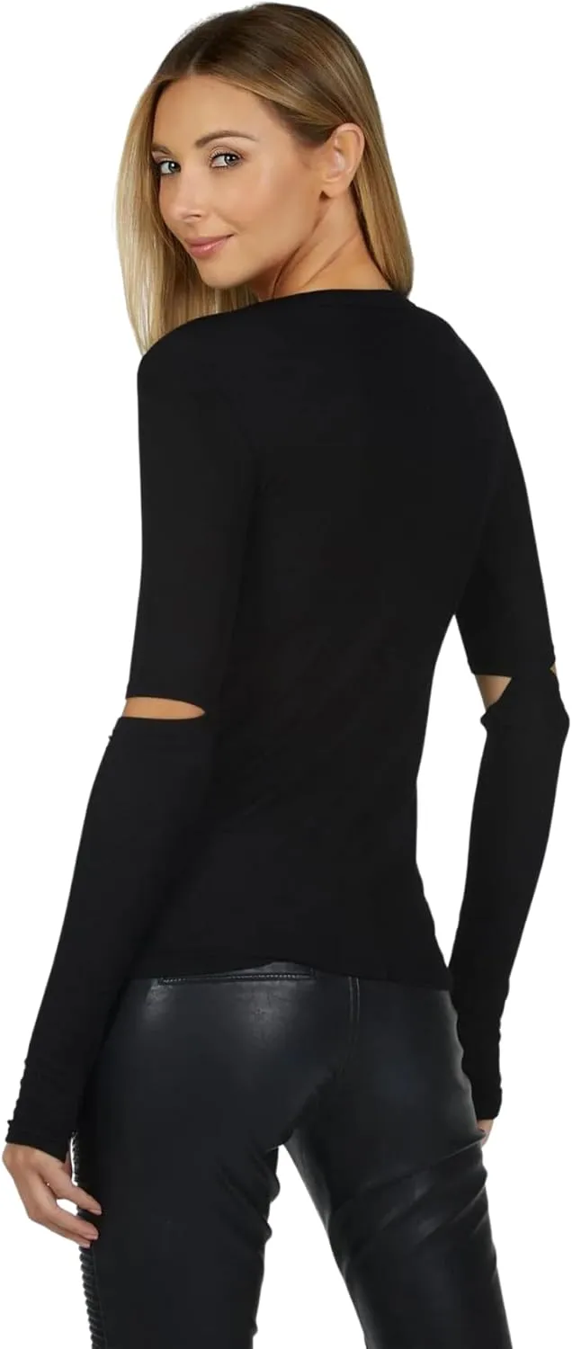 Michael Lauren Solomon Core Fitted Tee, Long Sleeve Shirt for Women, Soft Rib Knit Fabric, Womens Top, Made in LA (Black)