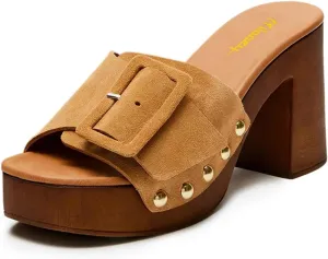 Milooey shoes Women's Open Round Toe Studded Platform Mules Chunkly Block High Heel Slippers Buckle Slip On Sandals Indoor Outdoor Daily Causal Slide Shoes Size 4-16 US
