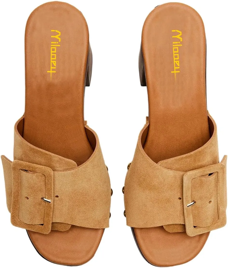 Milooey shoes Women's Open Round Toe Studded Platform Mules Chunkly Block High Heel Slippers Buckle Slip On Sandals Indoor Outdoor Daily Causal Slide Shoes Size 4-16 US