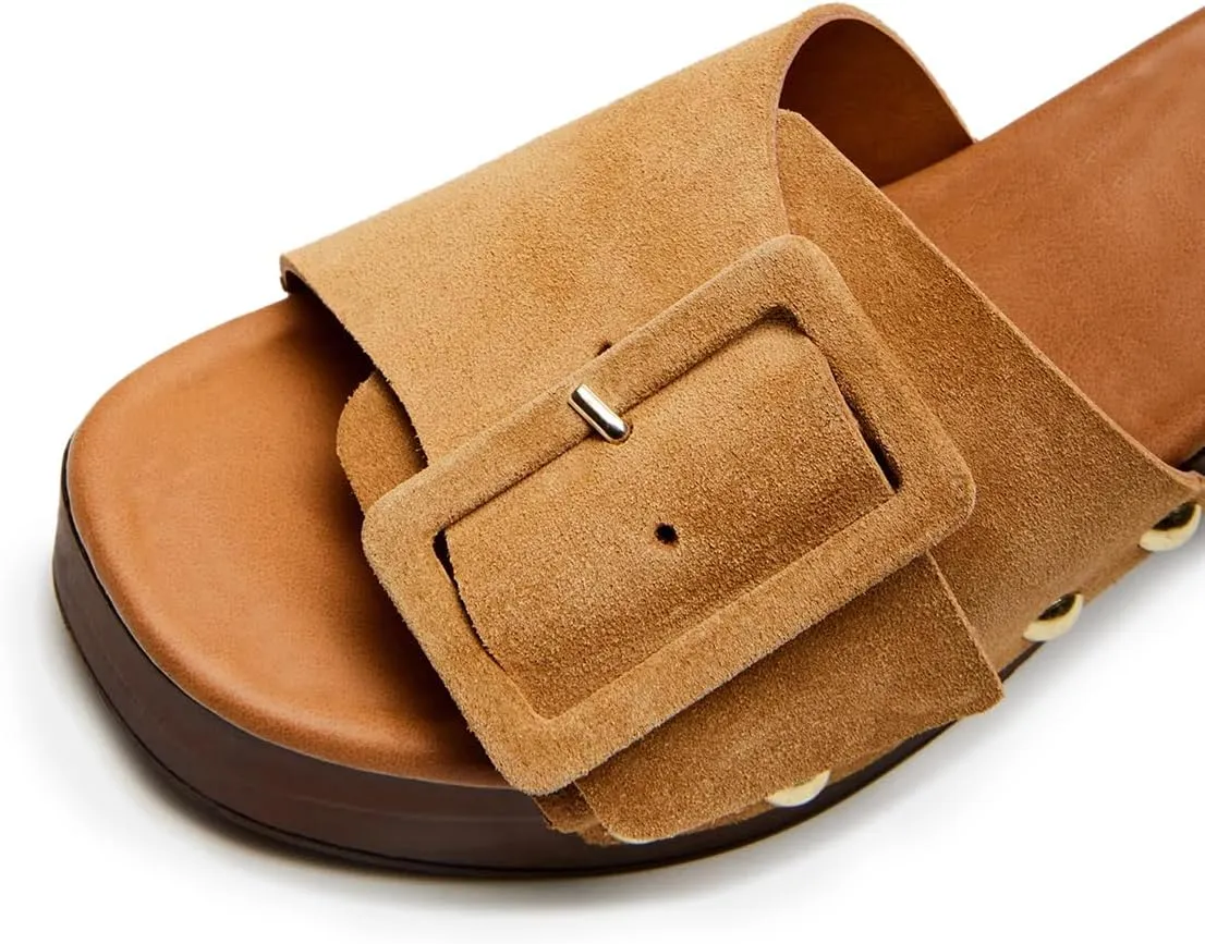 Milooey shoes Women's Open Round Toe Studded Platform Mules Chunkly Block High Heel Slippers Buckle Slip On Sandals Indoor Outdoor Daily Causal Slide Shoes Size 4-16 US