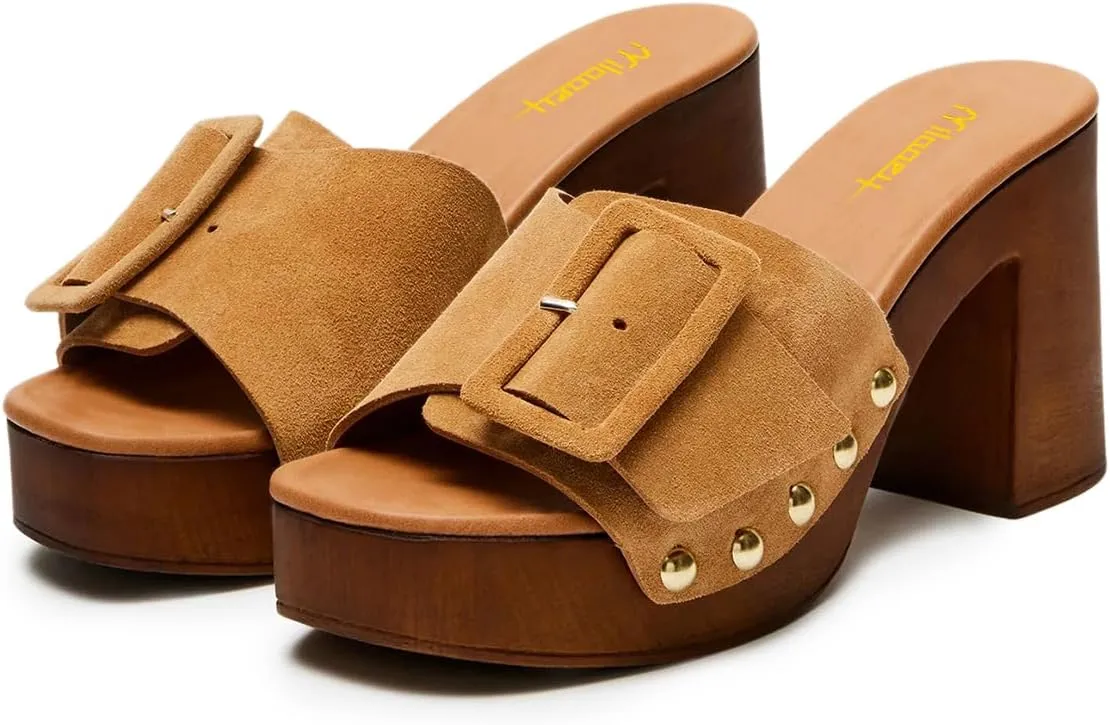 Milooey shoes Women's Open Round Toe Studded Platform Mules Chunkly Block High Heel Slippers Buckle Slip On Sandals Indoor Outdoor Daily Causal Slide Shoes Size 4-16 US