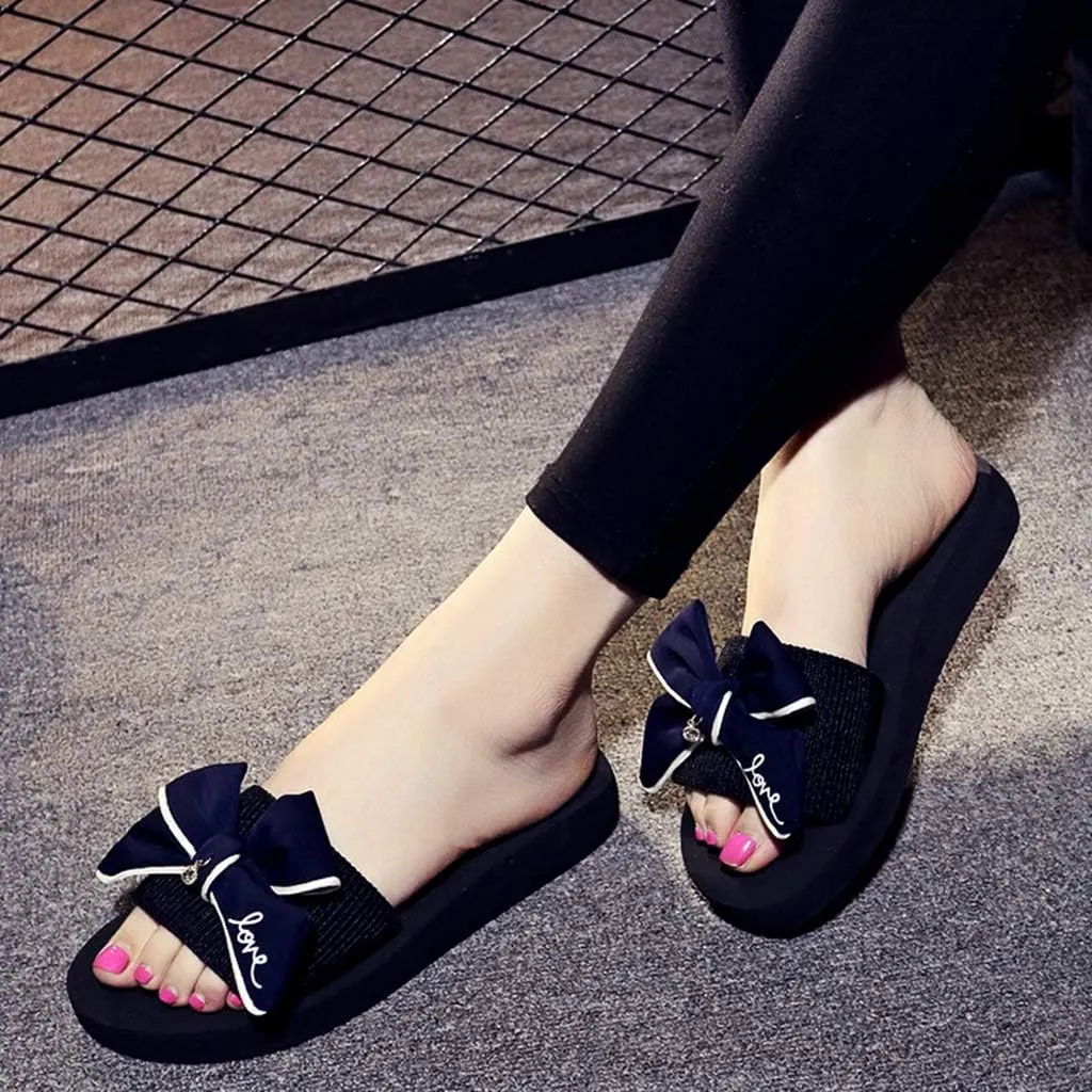 MIOKE Women's Bowtie Wedge Slide Sandals Fashion High Heel Platform Comfort Anti-Slip Summer Beach Sandal