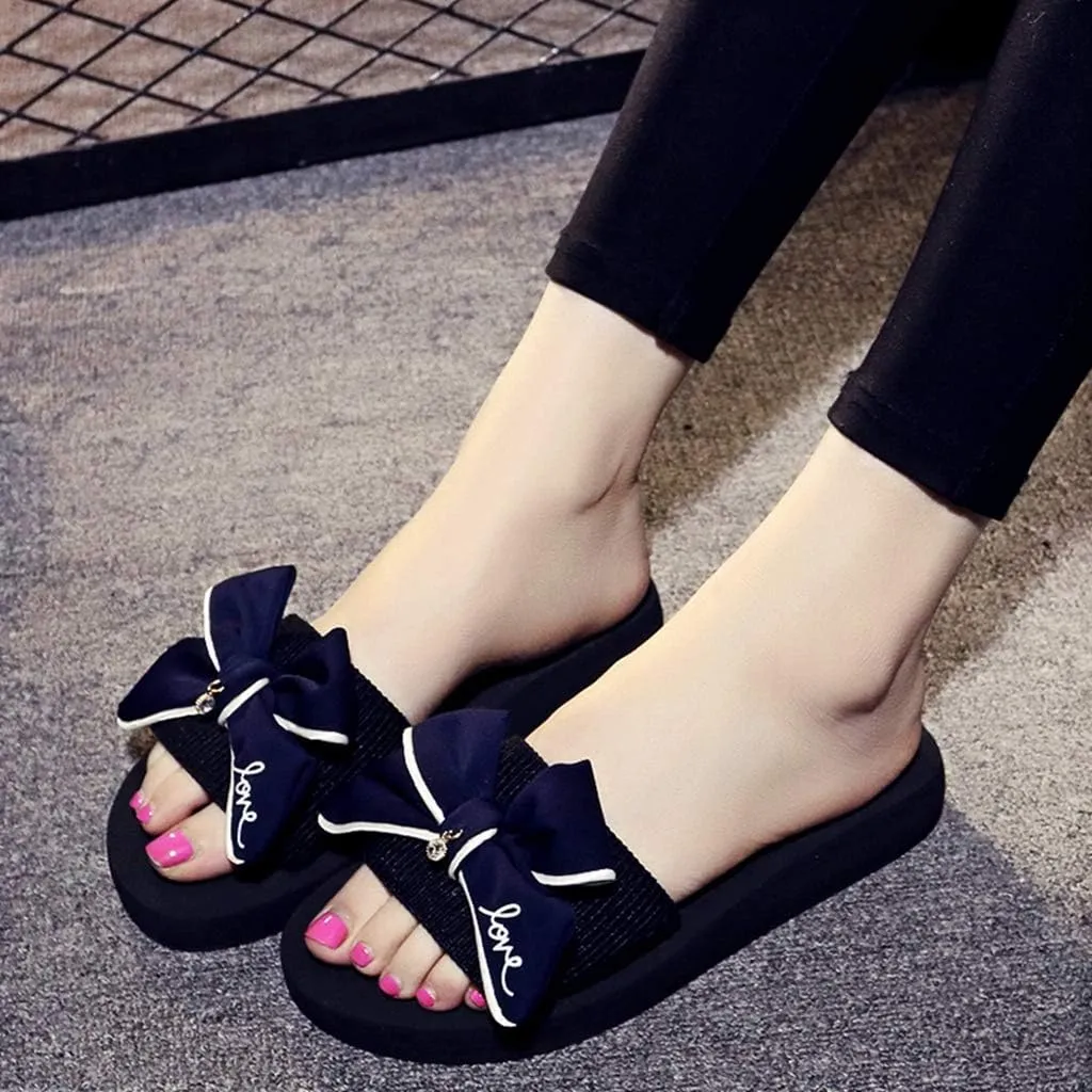 MIOKE Women's Bowtie Wedge Slide Sandals Fashion High Heel Platform Comfort Anti-Slip Summer Beach Sandal