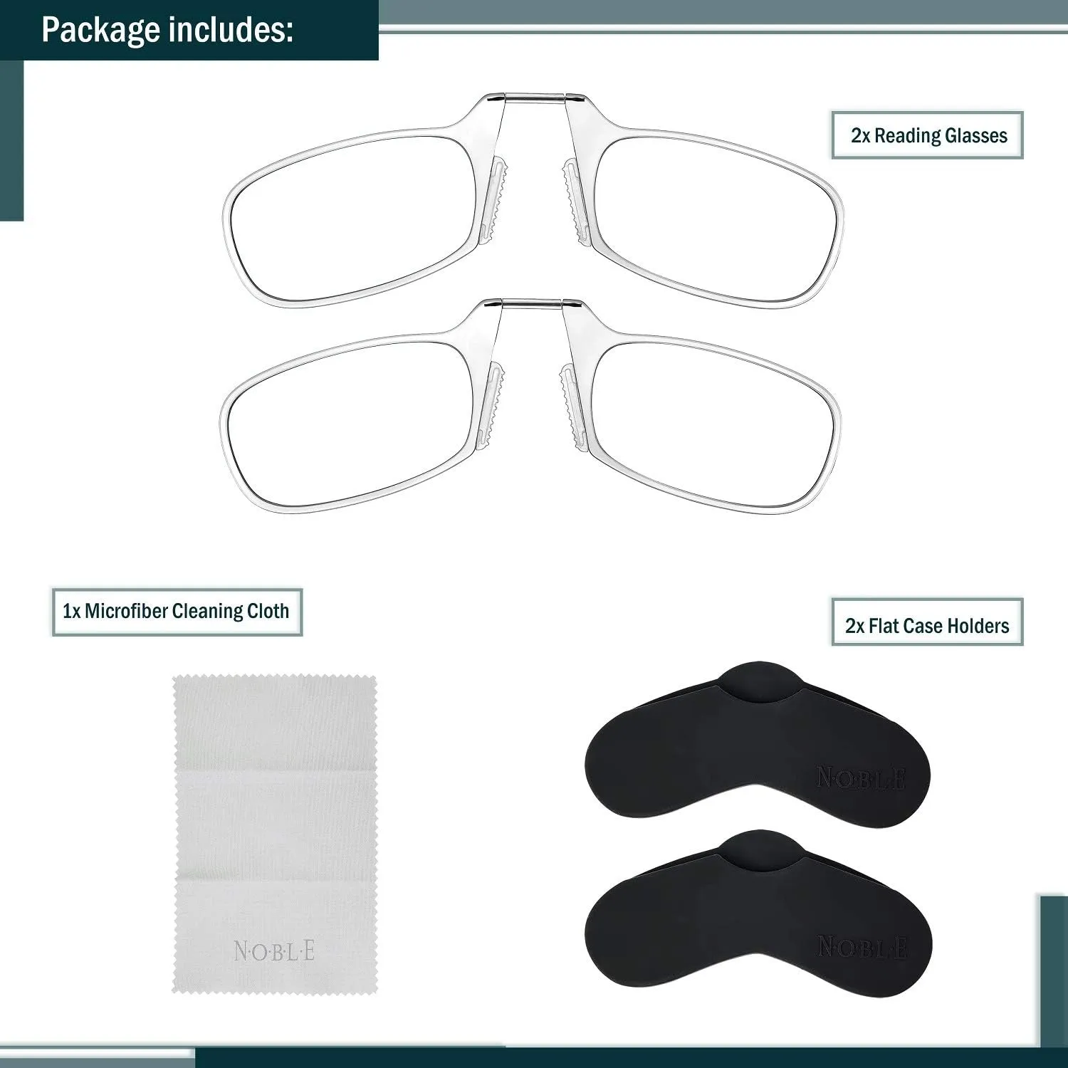 Noble Ultra Slim and Flat Reading Glasses Thin and Flexible Armless (2 Pairs) Enhanced Comfort Nose Rest, Armless Pocket Size Readers with 2 Stick-on Silicone Case Holder (Clear,  1.00)