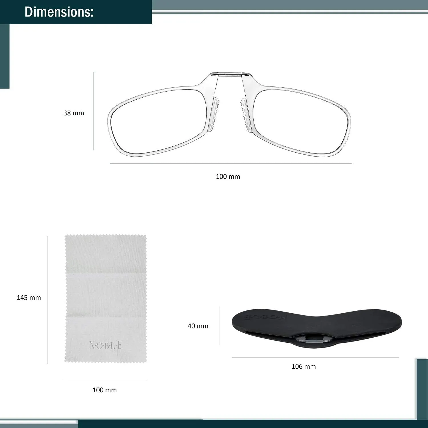 Noble Ultra Slim and Flat Reading Glasses Thin and Flexible Armless (2 Pairs) Enhanced Comfort Nose Rest, Armless Pocket Size Readers with 2 Stick-on Silicone Case Holder (Clear,  1.00)