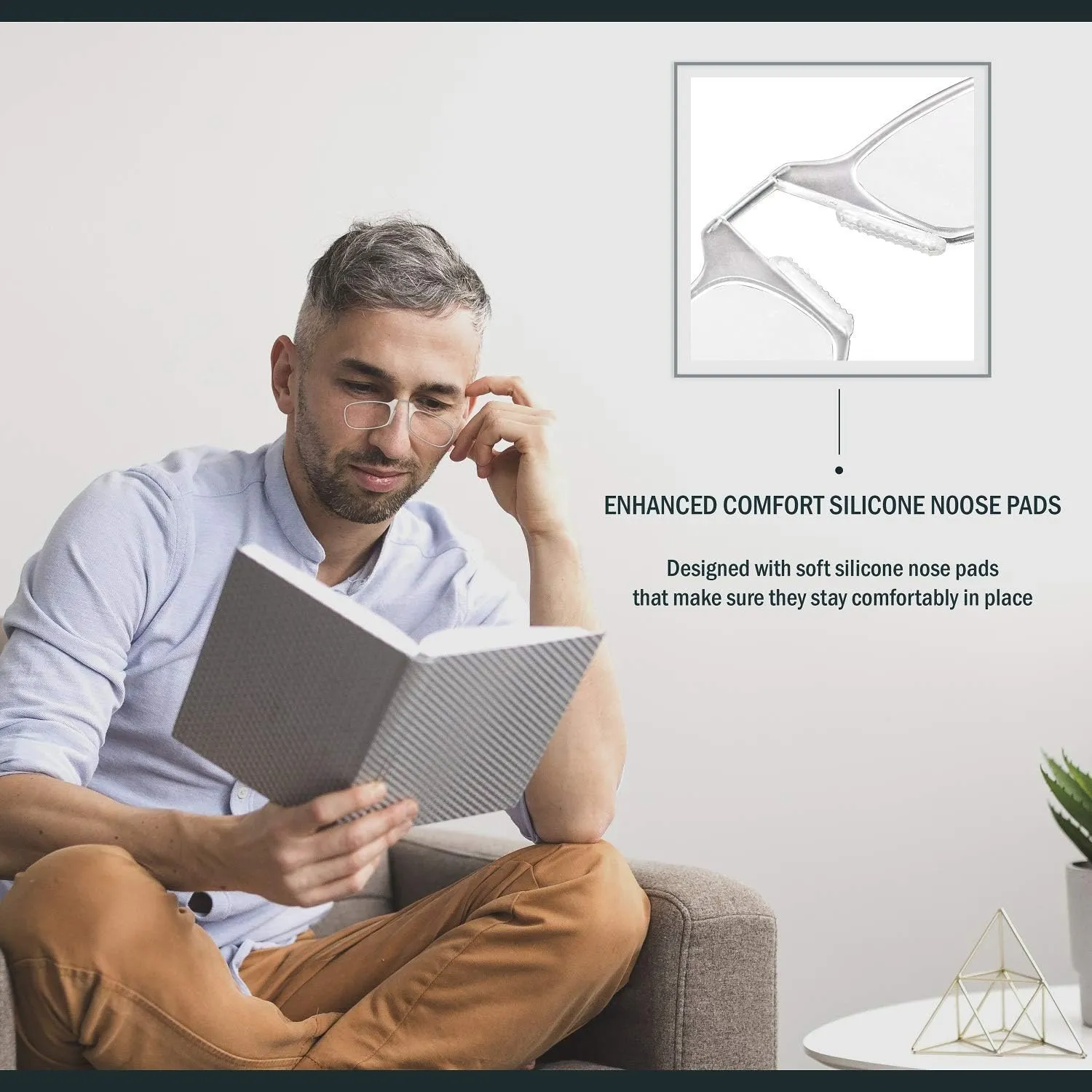 Noble Ultra Slim and Flat Reading Glasses Thin and Flexible Armless (2 Pairs) Enhanced Comfort Nose Rest, Armless Pocket Size Readers with 2 Stick-on Silicone Case Holder (Clear,  1.00)