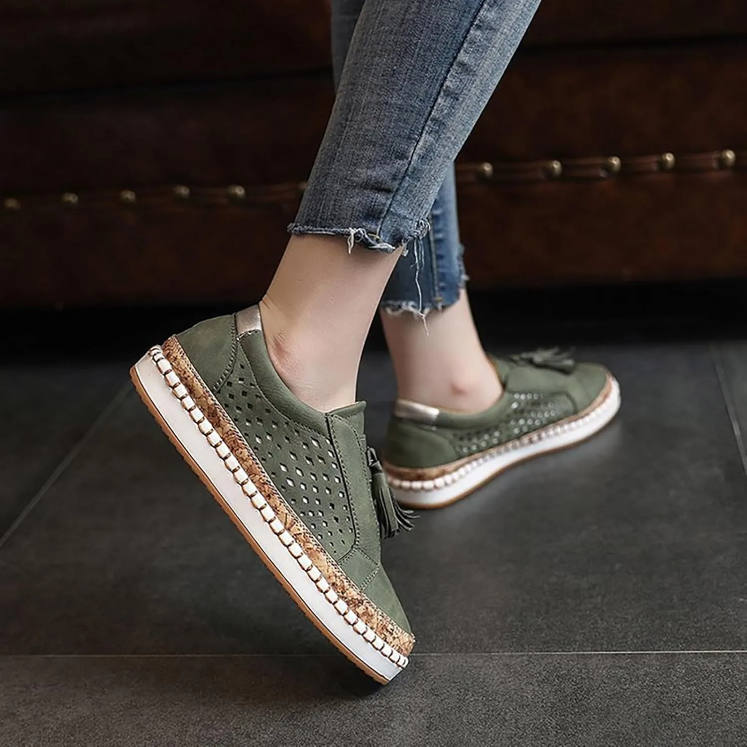 Non Slip Shoes Women Low Top Tassel Two-Color Stitching Athletic Shoes Casual Fashion Comfortable Walking Sneakers