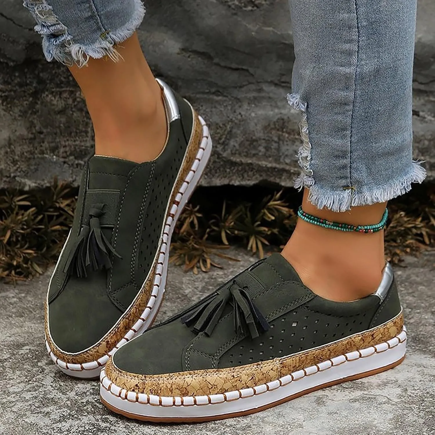 Non Slip Shoes Women Low Top Tassel Two-Color Stitching Athletic Shoes Casual Fashion Comfortable Walking Sneakers