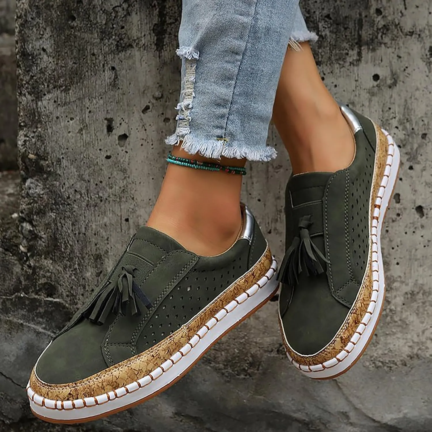 Non Slip Shoes Women Low Top Tassel Two-Color Stitching Athletic Shoes Casual Fashion Comfortable Walking Sneakers