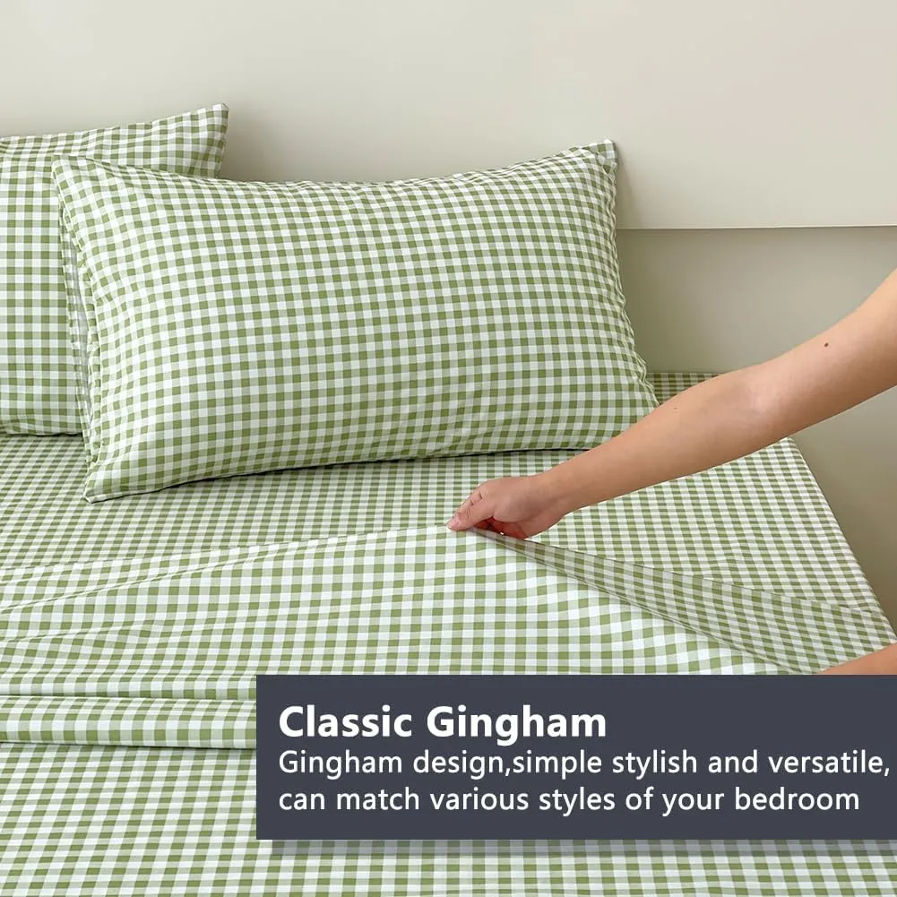 NSNLGSGC Sage Green Gingham Twin Sheet Set, Soft Brushed Microfiber Plaid Twin Bed Sheets, 3-Pieces Sheet Set with Deep Pocket
