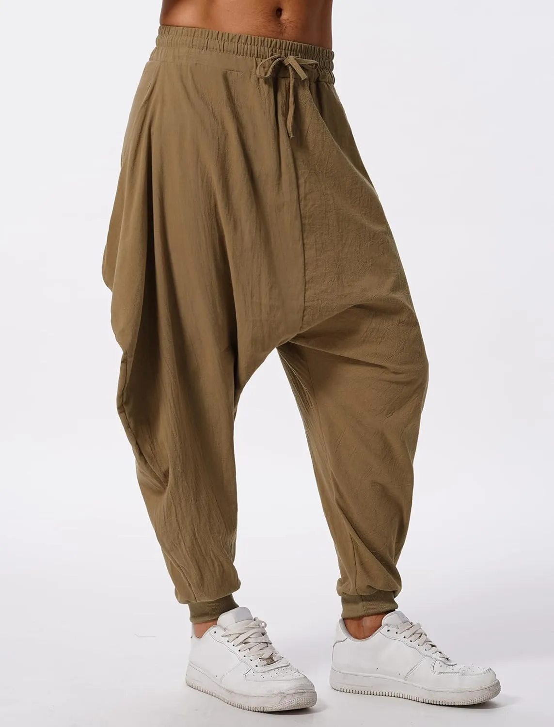 ODIZLI Men Leggings Retro Casual Fashion Design Loose Baggy Harem Pants with Pockets Trousers