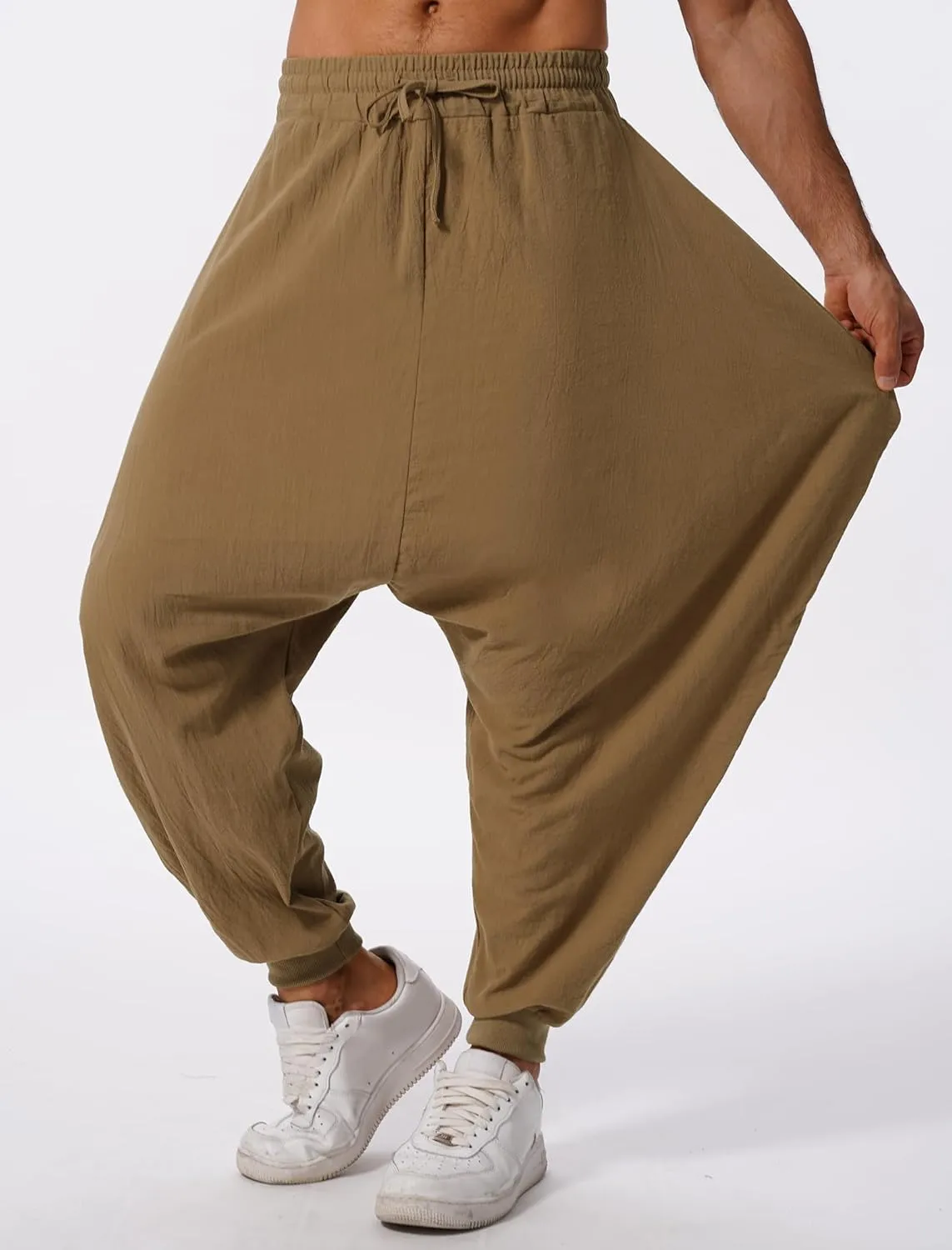 ODIZLI Men Leggings Retro Casual Fashion Design Loose Baggy Harem Pants with Pockets Trousers