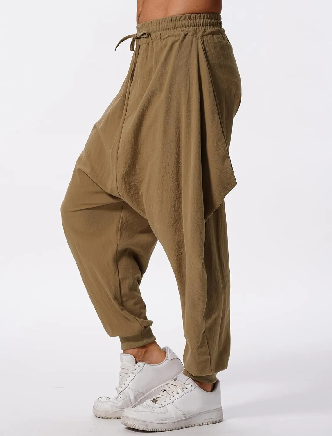 ODIZLI Men Leggings Retro Casual Fashion Design Loose Baggy Harem Pants with Pockets Trousers