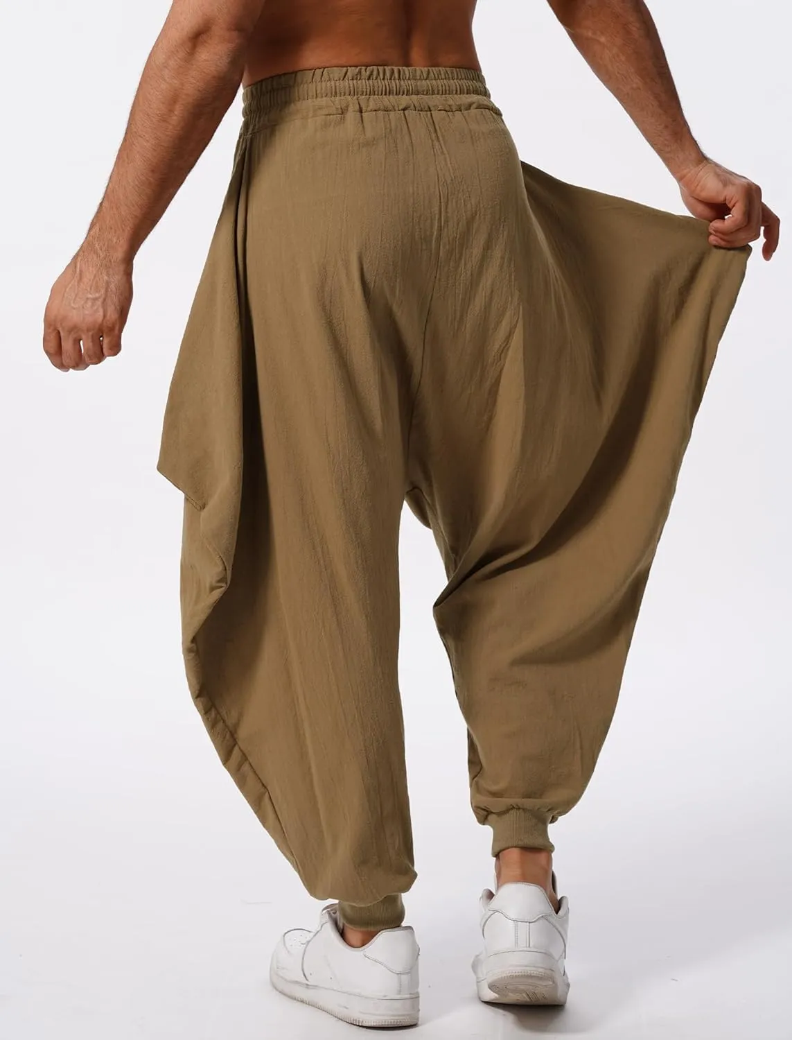 ODIZLI Men Leggings Retro Casual Fashion Design Loose Baggy Harem Pants with Pockets Trousers
