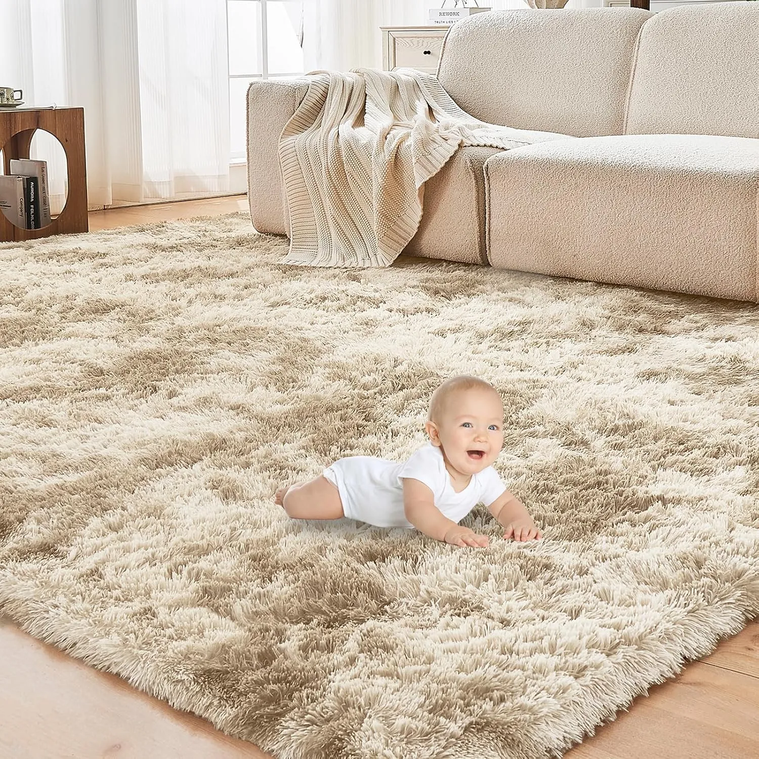OPPODREAM Area Rug for Living Room, Ultra Soft Nursery Rugs for Bedrooms, 4x6 Fluffy Kids Carpet with 0.6" Thick Non-Slip Backing, Long Pile Shag Carpet, Fuzzy, Shaggy, Tie-dye Beige