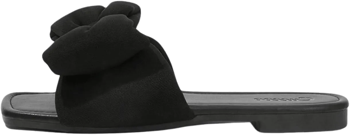 OYOANGLE Women's Bow Decor Square Open Toe Flat Sandals Solid Plain Lightweight Soft Slip on Dressy Slides
