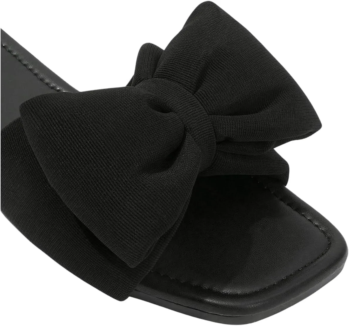 OYOANGLE Women's Bow Decor Square Open Toe Flat Sandals Solid Plain Lightweight Soft Slip on Dressy Slides