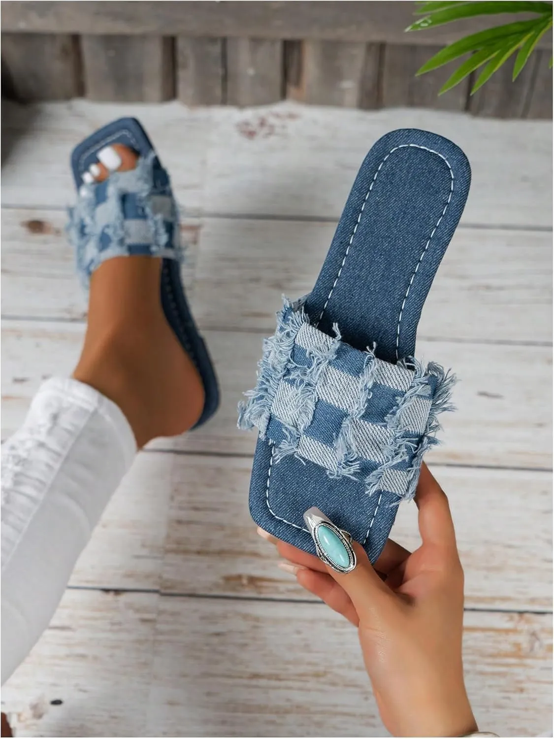 OYOANGLE Women's Denim Plaid Square Toe Flats Open Toe Non-Slip Slide Sandals Vintage Jean Slippers