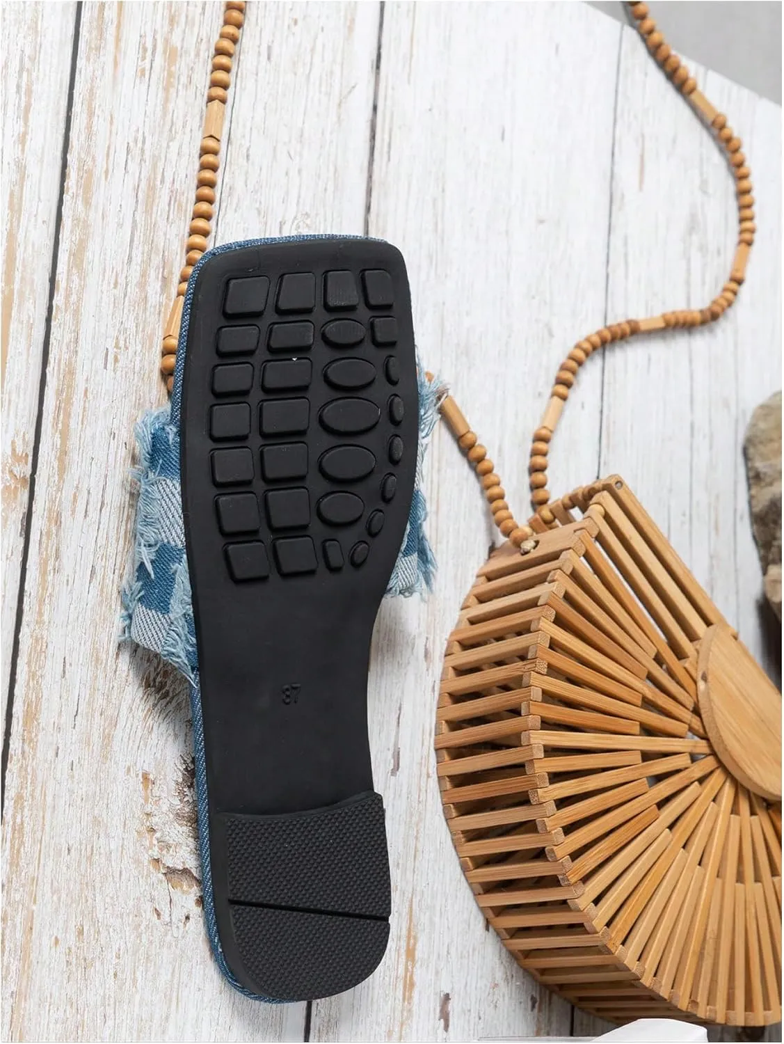 OYOANGLE Women's Denim Plaid Square Toe Flats Open Toe Non-Slip Slide Sandals Vintage Jean Slippers