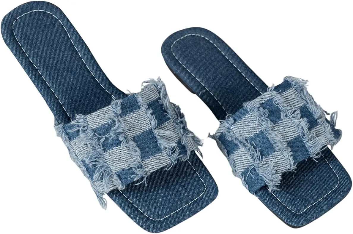 OYOANGLE Women's Denim Plaid Square Toe Flats Open Toe Non-Slip Slide Sandals Vintage Jean Slippers