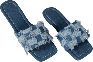 OYOANGLE Women's Denim Plaid Square Toe Flats Open Toe Non-Slip Slide Sandals Vintage Jean Slippers