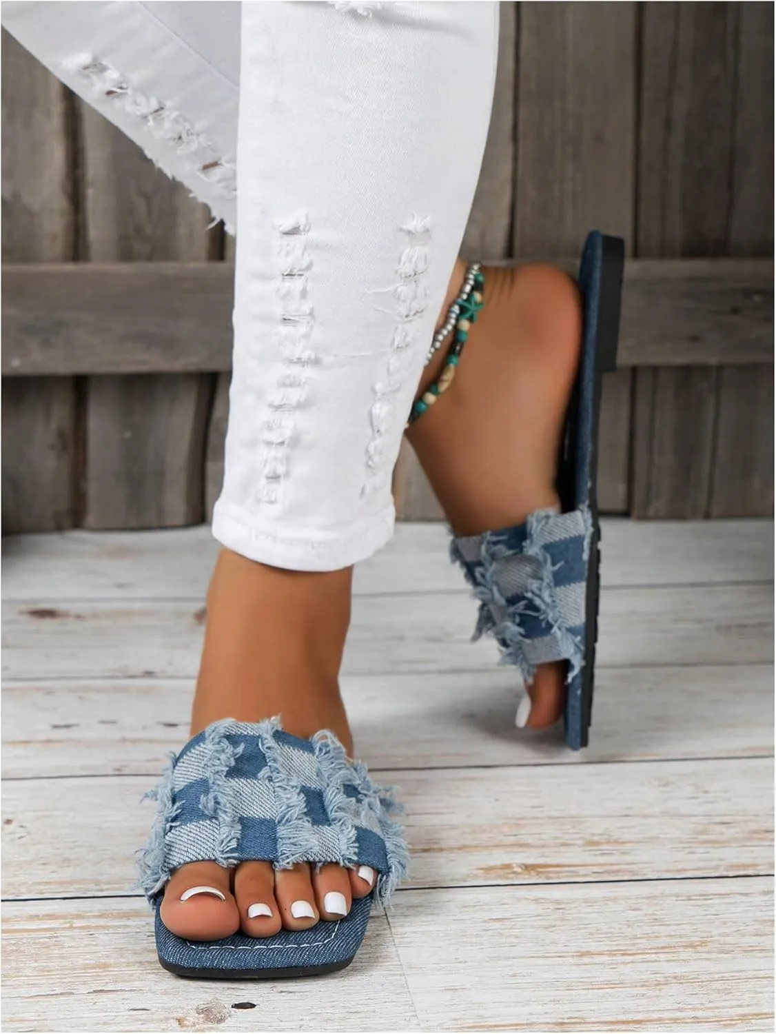 OYOANGLE Women's Denim Plaid Square Toe Flats Open Toe Non-Slip Slide Sandals Vintage Jean Slippers