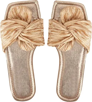 OYOANGLE Women's Metallic Twist Front Open Toe Flat Sandals Fashion Slide Sandals