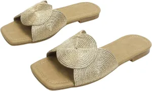 OYOANGLE Women's Open Toe Flat Sandals Metallic Wide Single Strap Slide Sandals Outdoor Slides