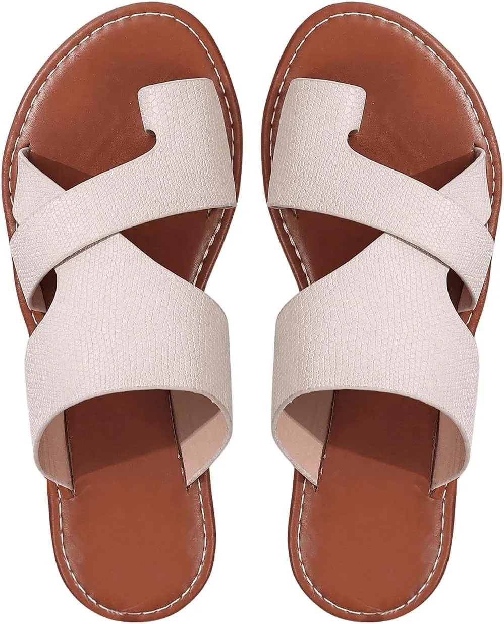 OYOANGLE Women's Pu Leather Open Toe Sandals Strappy Flat Slide On Flip Flops Casual Outdoor Slippers