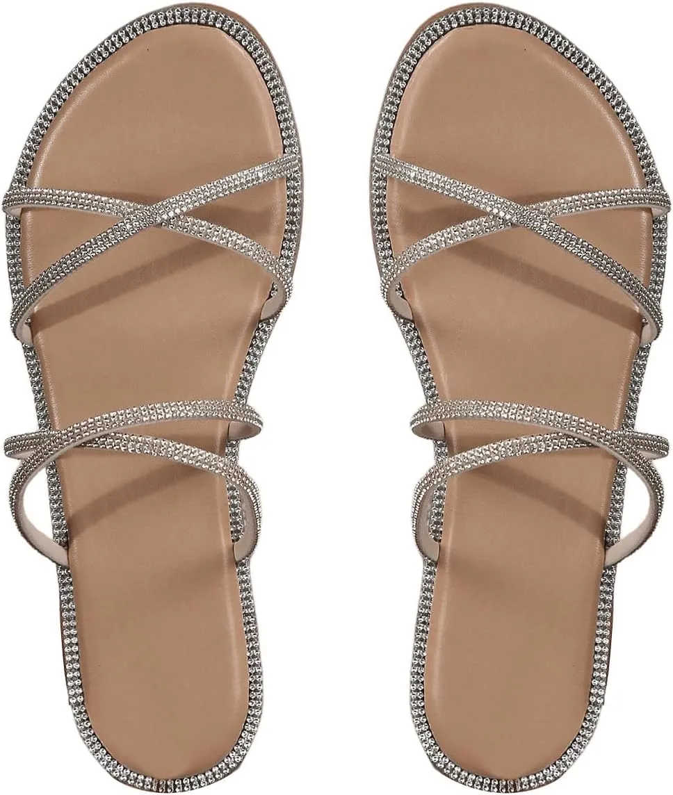 OYOANGLE Women's Rhinestone Strappy Open Toe Slide Sandals Slip on Casual Flat Sandals